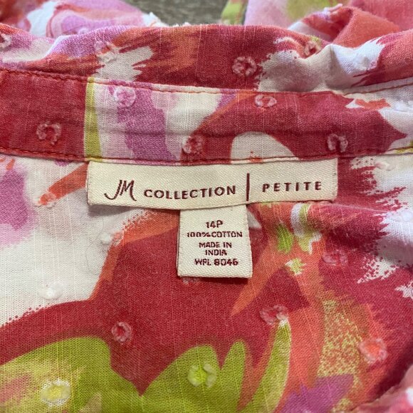 JM Collection Blouse 14P Button-Down Abstract Pink White Green Petite 3/4 Sleeve - Picture 4 of 9